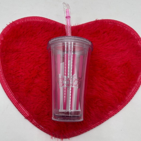 Victoria's Secret 2011 Bombshell Tumbler Cup Pink Stripes Reusable Straw Lid NEW - Picture 10 of 10
